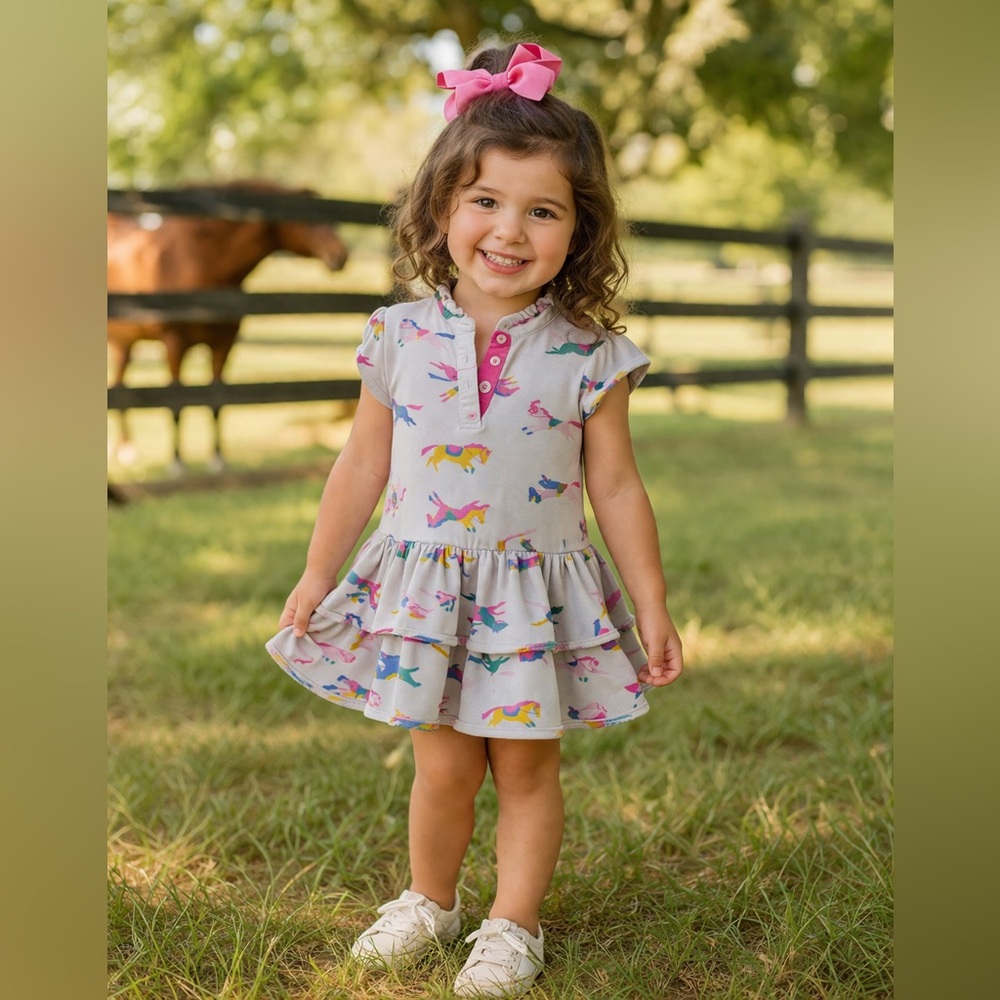 Joules British Equestrian Horse Print Dress | Tiered Ranch Style | 3Y Boutique